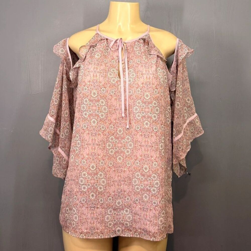 Lauren Conrad Floral Cold Shoulder Blouse Blush Pink Keyhole L